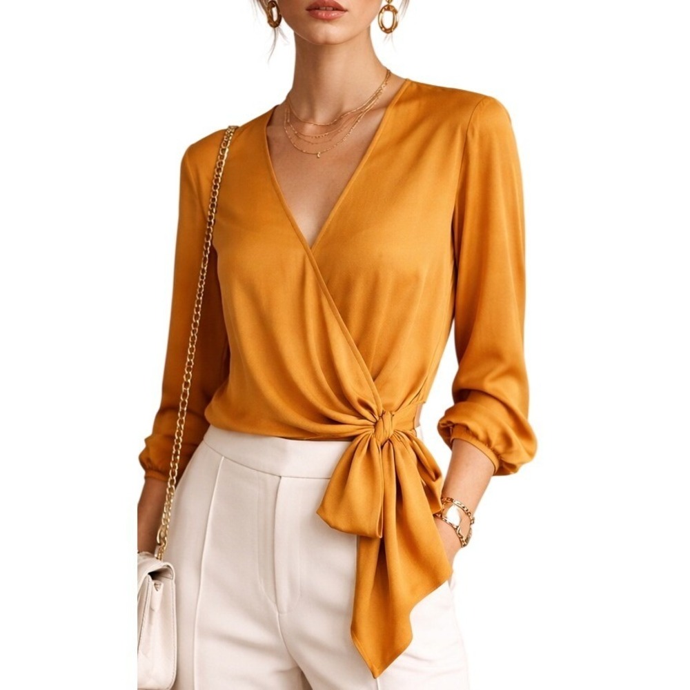 EXPRESS Boho‎ Mustard Yellow Wrap Tie Front Long Sleeve Blouse Shirt M
